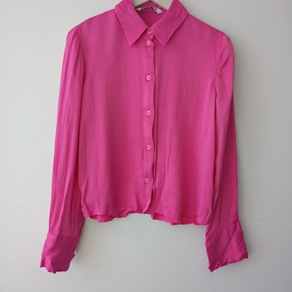 ZARA Hot Pink Button-Down Blouse Long Sleeve Satin Look - Size S - Picture 2 of 5